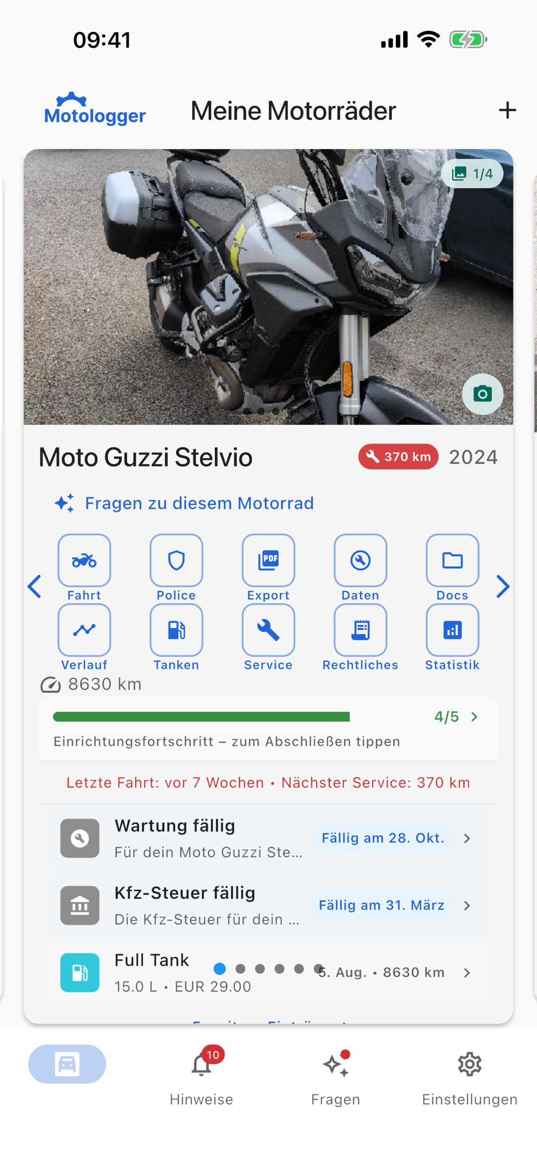 KI-extrahierter Wartungsplan in MotoLogger