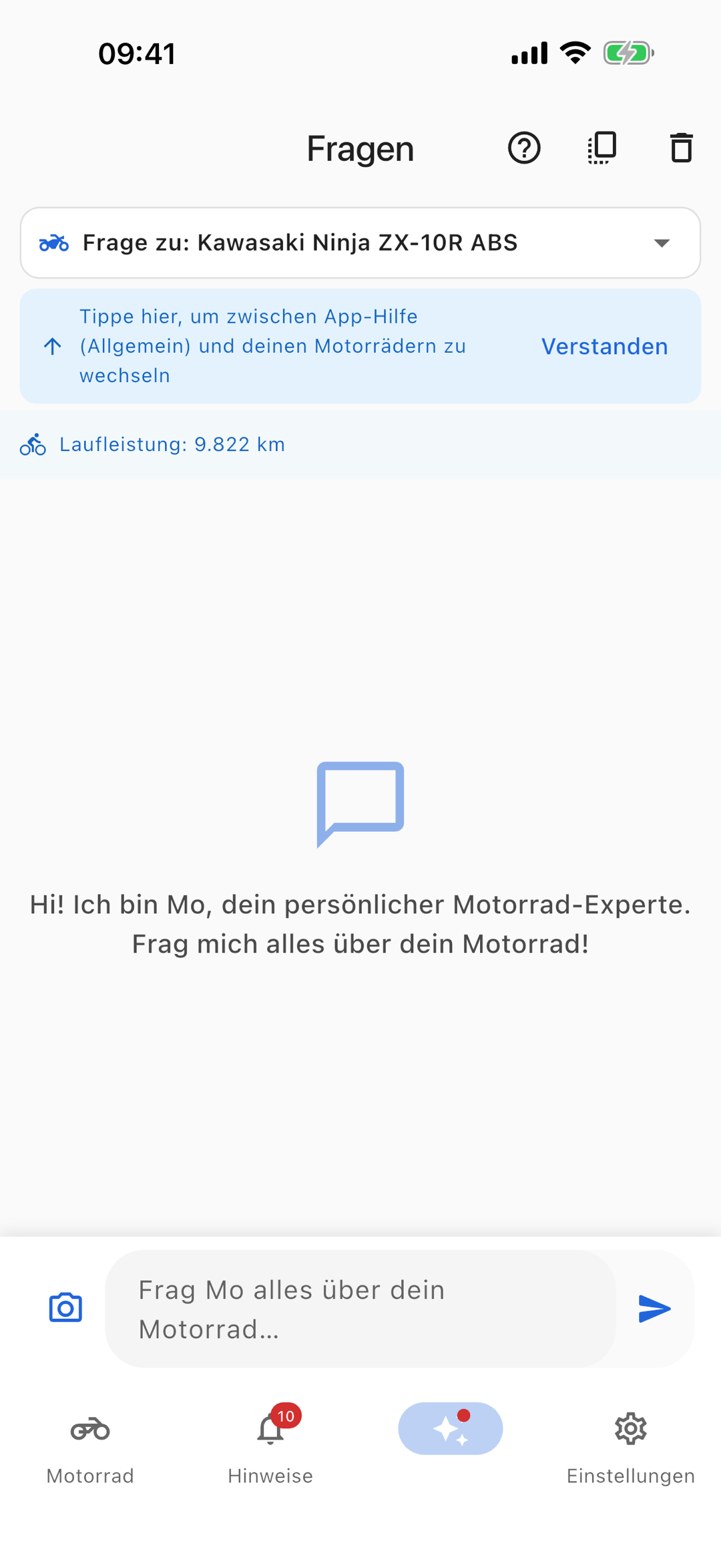 Chat mit Mo, dem KI-Motorrad-Assistenten in MotoLogger