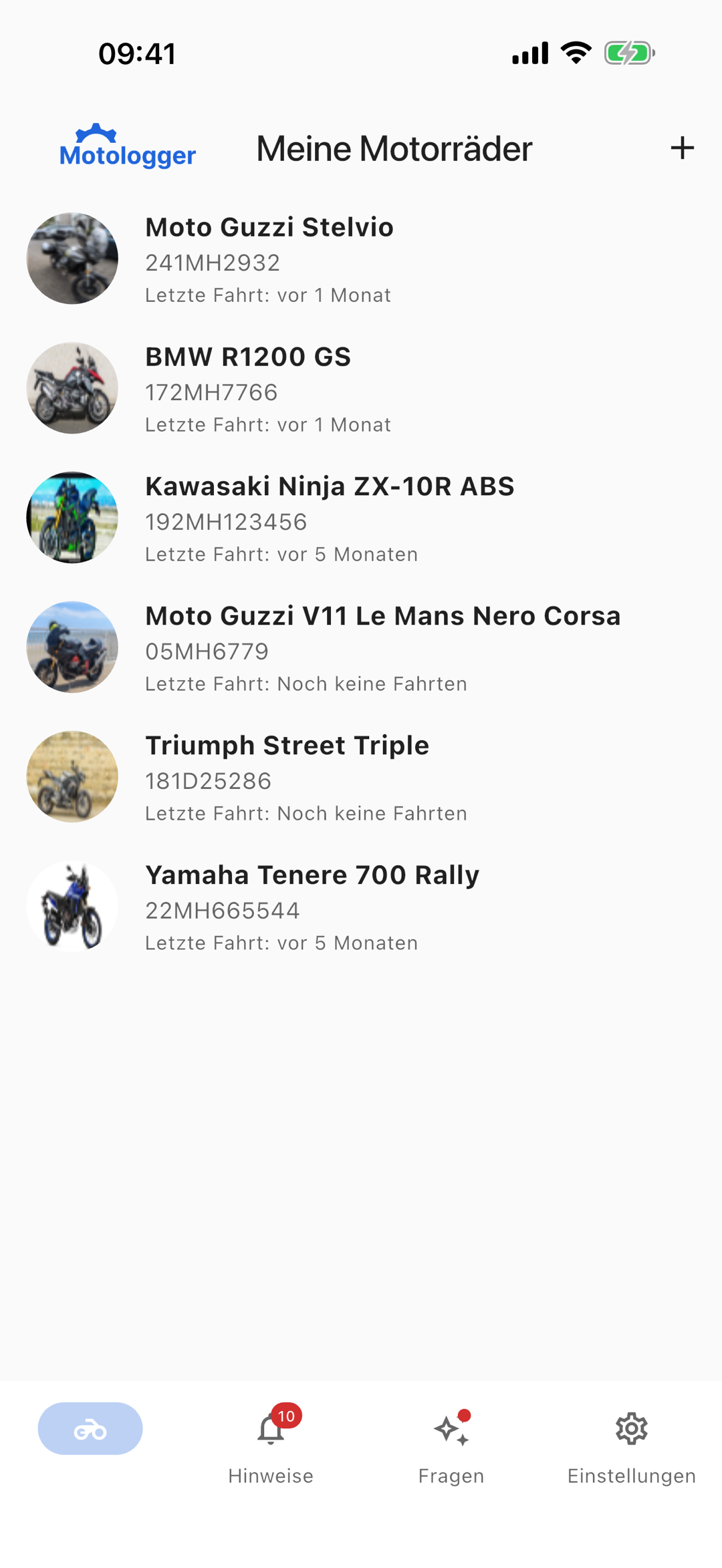 Verwaltung mehrerer Motorräder in MotoLogger