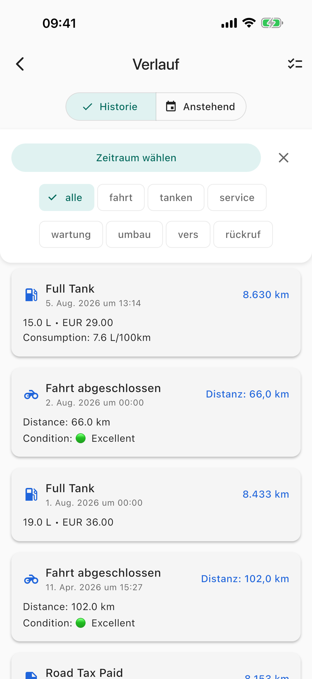 Tankbuch und Fahrten-Verlauf in MotoLogger