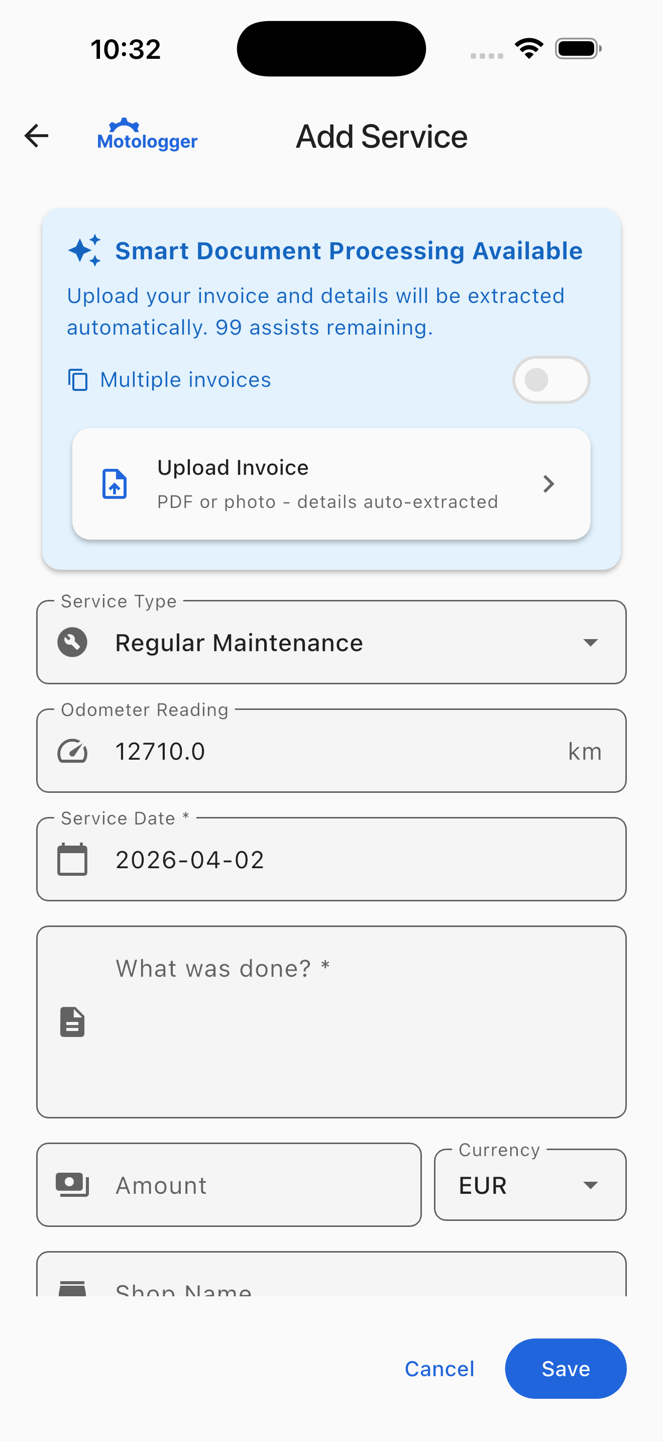 MotoLogger document vault with invoice scanner
