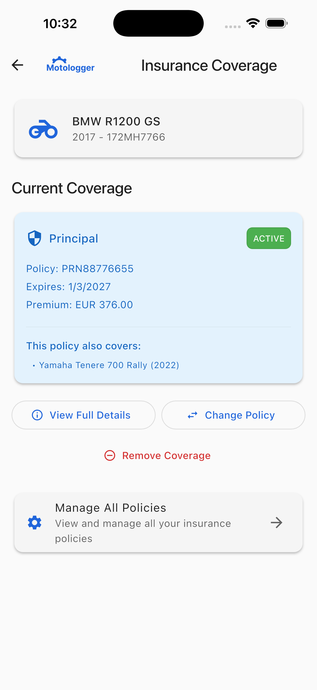 MotoLogger insurance and compliance tracking