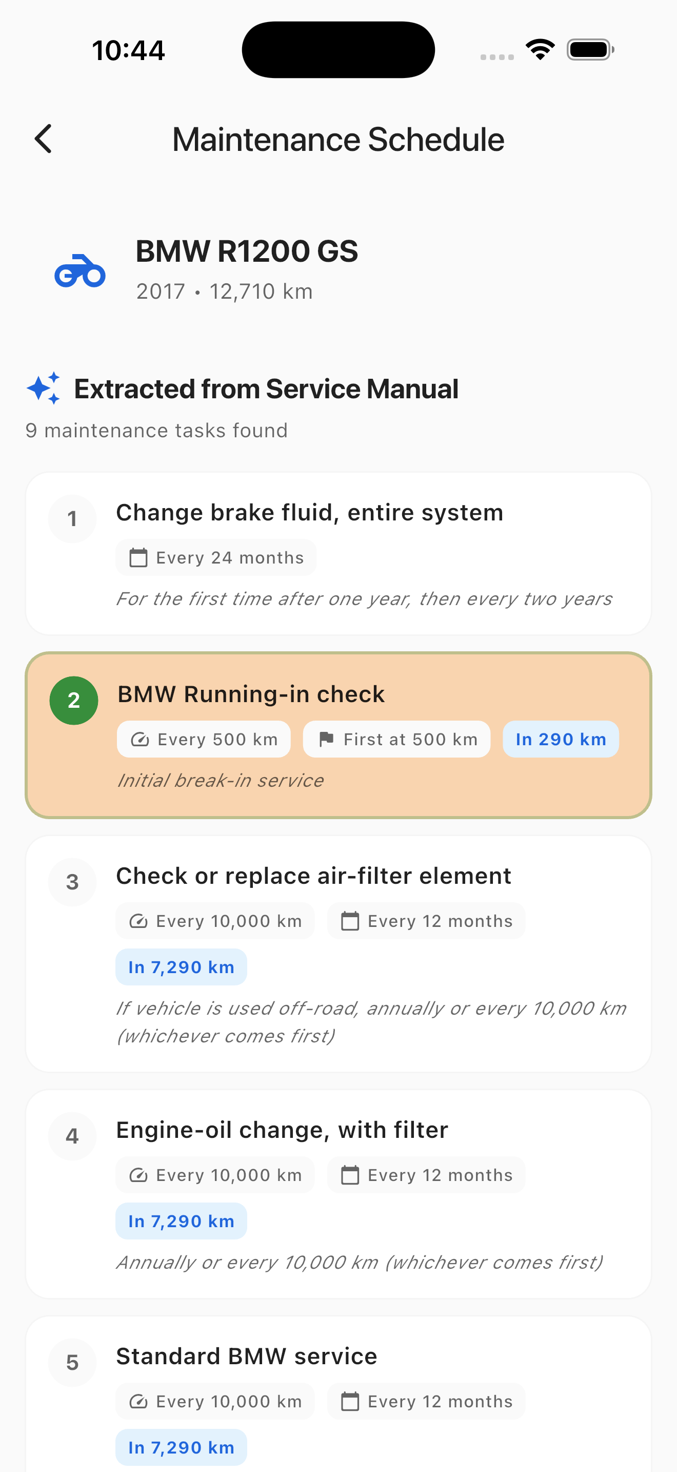 MotoLogger AI-extracted maintenance schedule