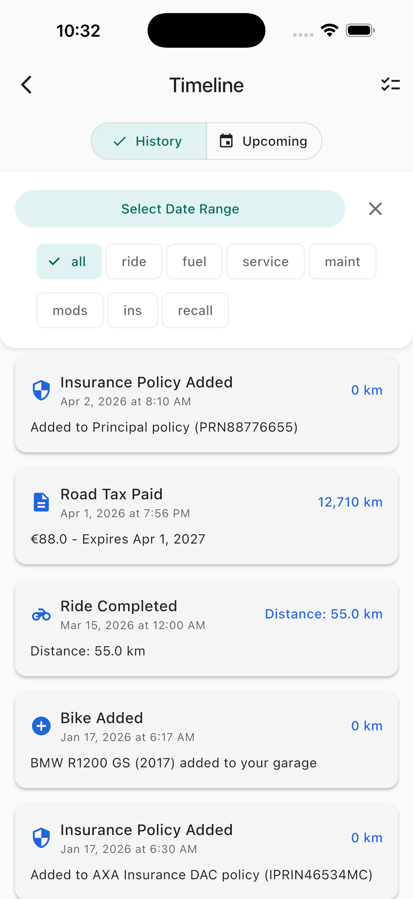 MotoLogger activity timeline and ride history